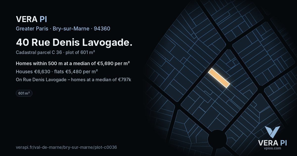 40 Rue Denis Lavogade, Bry-sur-Marne at night – the plot lit, the parcels around coloured by the prices near them