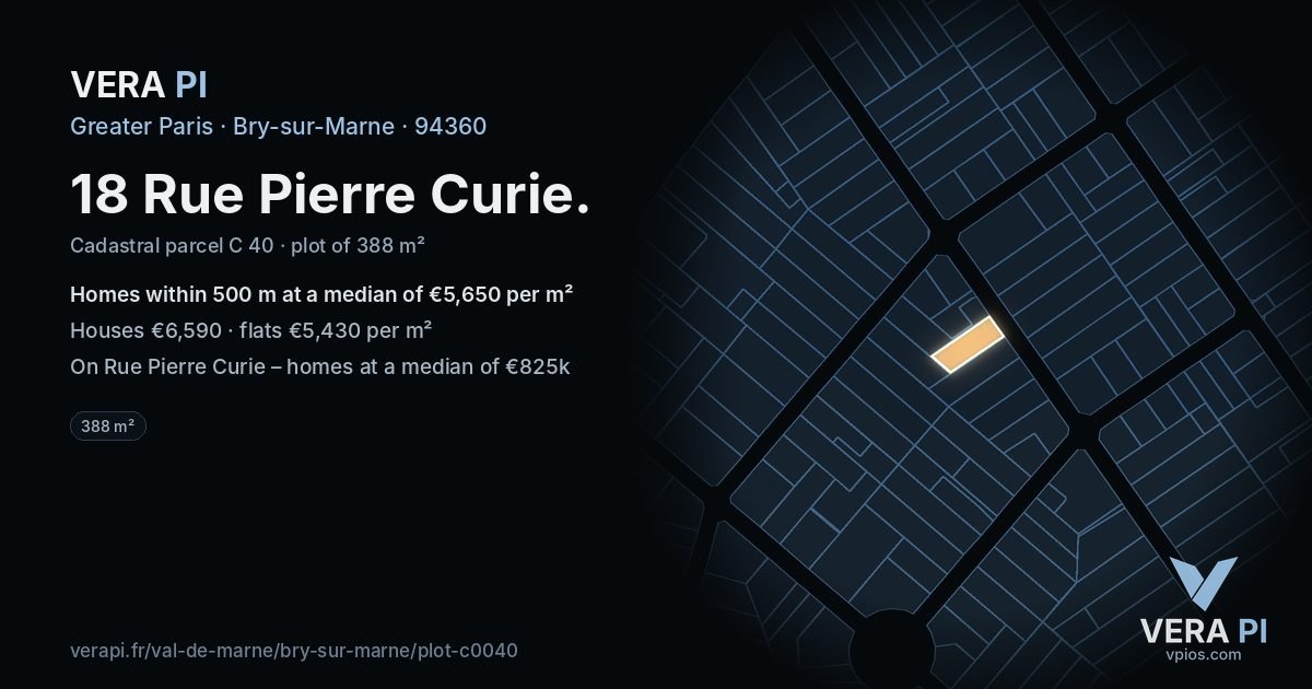 18 Rue Pierre Curie, Bry-sur-Marne at night – the plot lit, the parcels around coloured by the prices near them