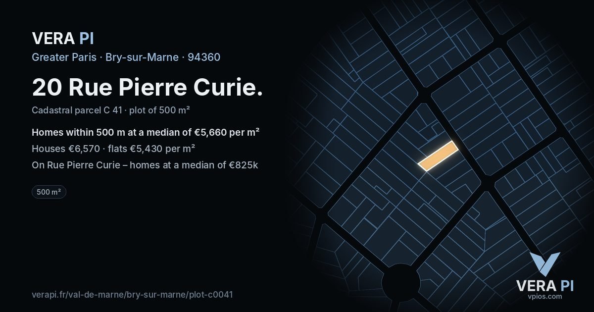 20 Rue Pierre Curie, Bry-sur-Marne at night – the plot lit, the parcels around coloured by the prices near them
