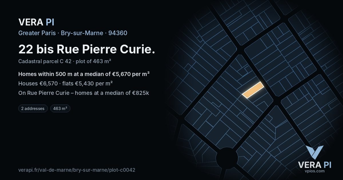 22 bis Rue Pierre Curie, Bry-sur-Marne at night – the plot lit, the parcels around coloured by the prices near them