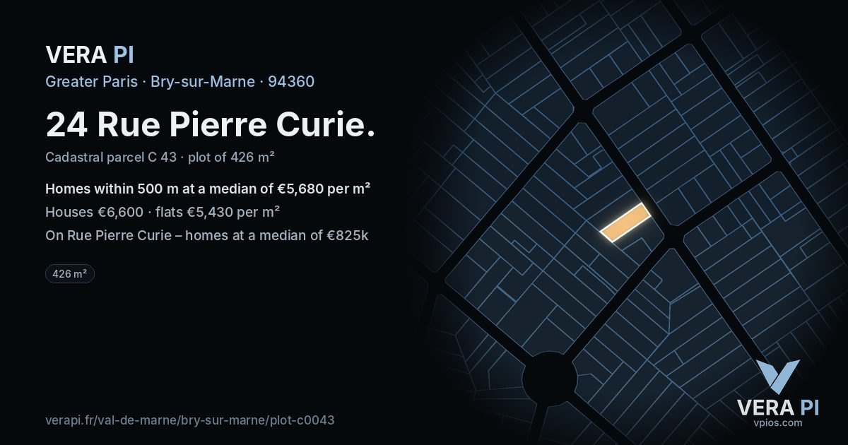 24 Rue Pierre Curie, Bry-sur-Marne at night – the plot lit, the parcels around coloured by the prices near them