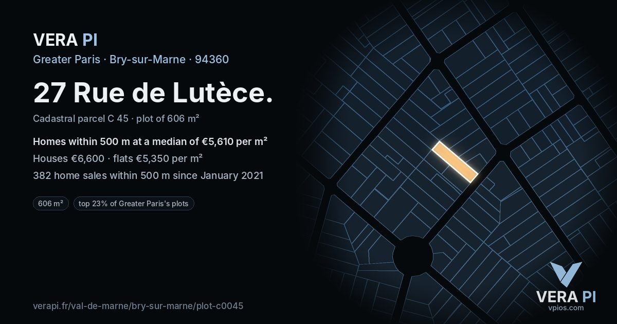 27 Rue de Lutèce, Bry-sur-Marne at night – the plot lit, the parcels around coloured by the prices near them