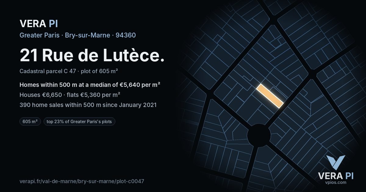 21 Rue de Lutèce, Bry-sur-Marne at night – the plot lit, the parcels around coloured by the prices near them