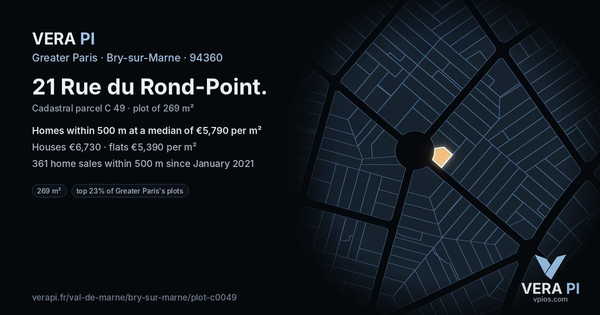 21 Rue du Rond-Point, Bry-sur-Marne at night – the plot lit, the parcels around coloured by the prices near them