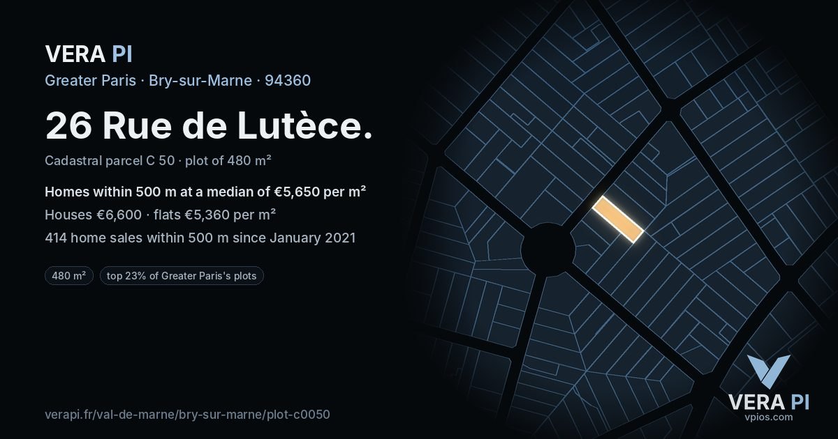 26 Rue de Lutèce, Bry-sur-Marne at night – the plot lit, the parcels around coloured by the prices near them