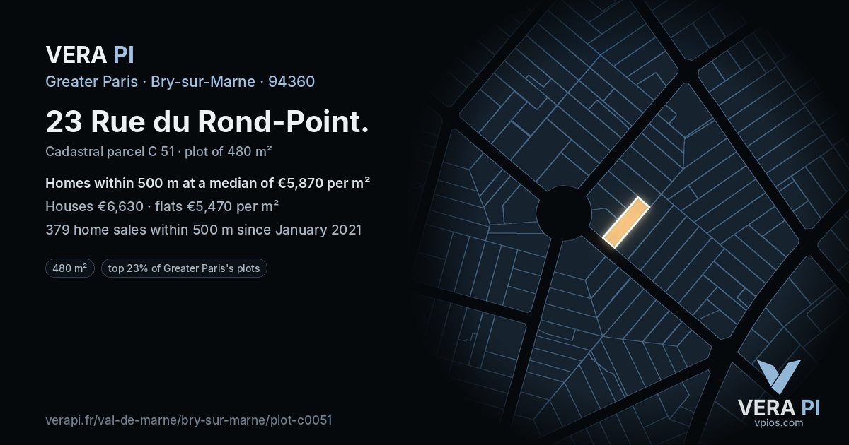 23 Rue du Rond-Point, Bry-sur-Marne at night – the plot lit, the parcels around coloured by the prices near them