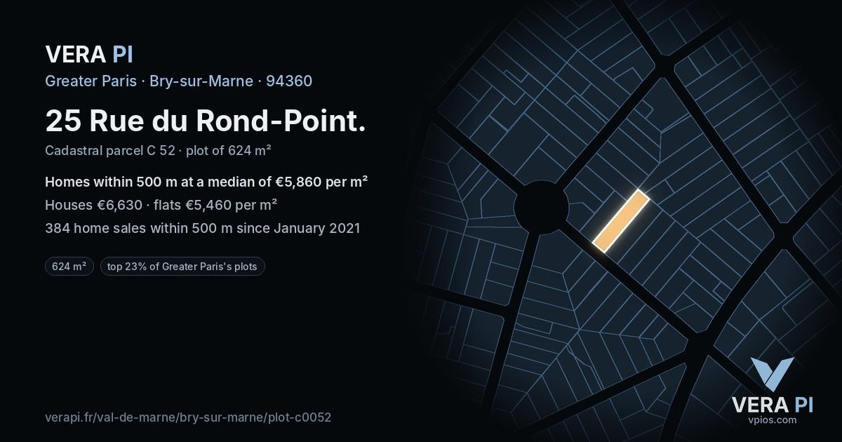 25 Rue du Rond-Point, Bry-sur-Marne at night – the plot lit, the parcels around coloured by the prices near them
