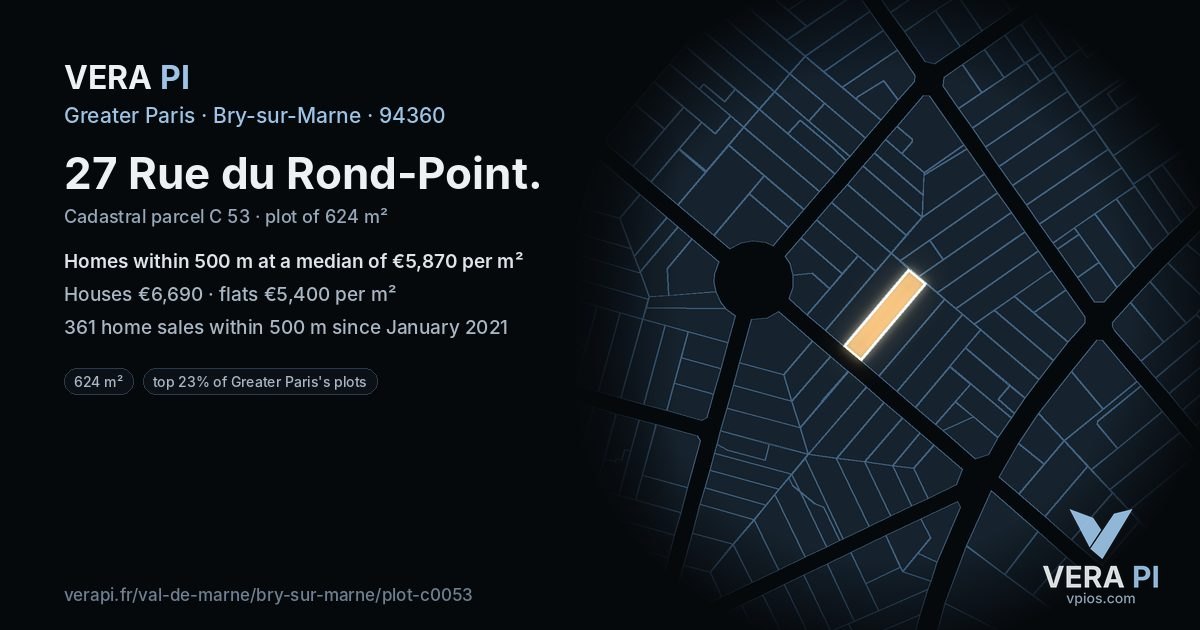 27 Rue du Rond-Point, Bry-sur-Marne at night – the plot lit, the parcels around coloured by the prices near them