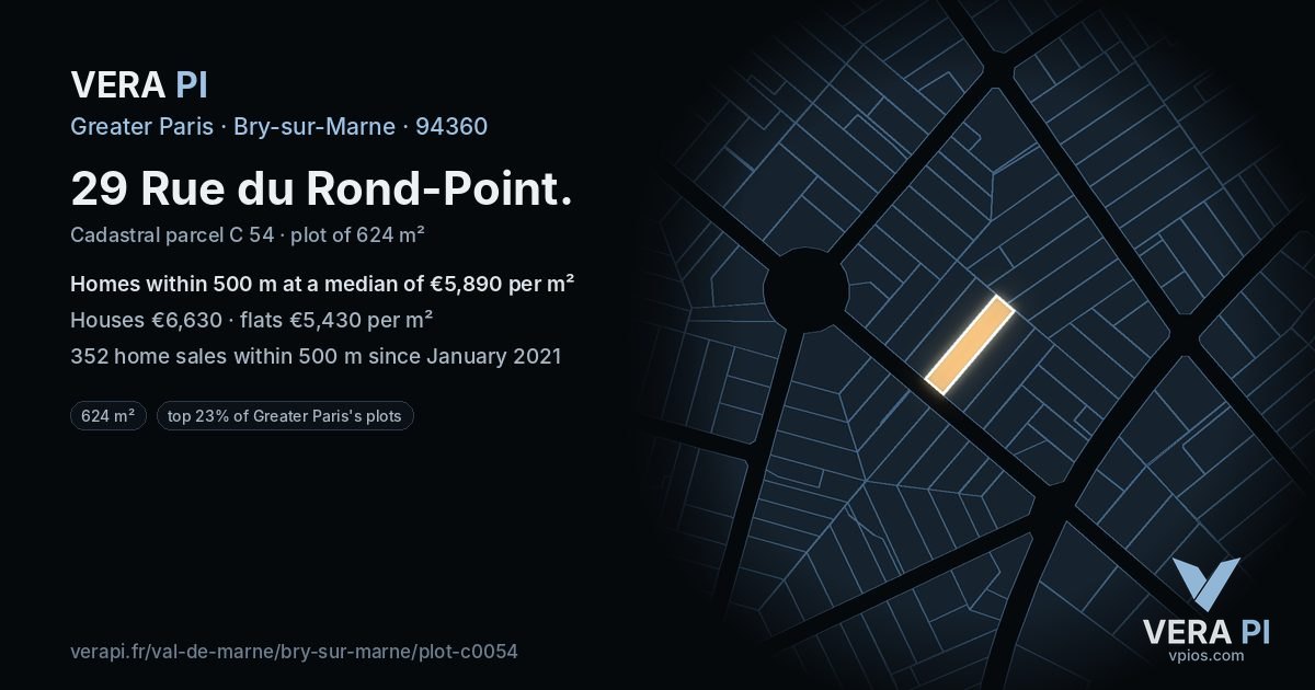 29 Rue du Rond-Point, Bry-sur-Marne at night – the plot lit, the parcels around coloured by the prices near them