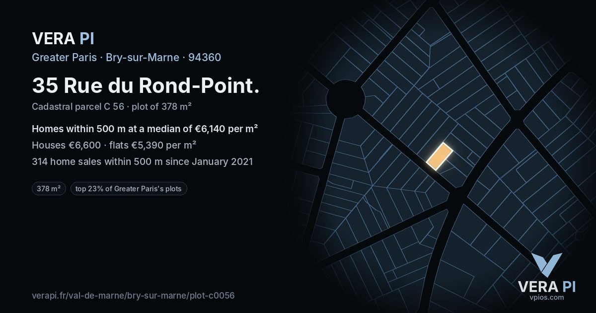 35 Rue du Rond-Point, Bry-sur-Marne at night – the plot lit, the parcels around coloured by the prices near them