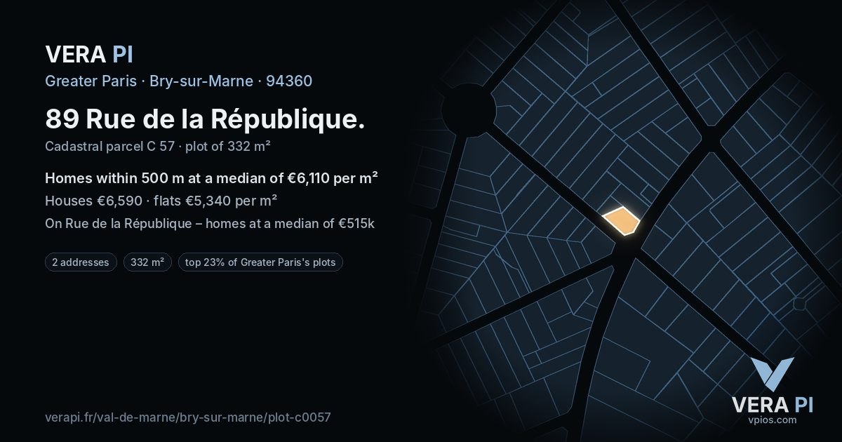 89 Rue de la République, Bry-sur-Marne at night – the plot lit, the parcels around coloured by the prices near them