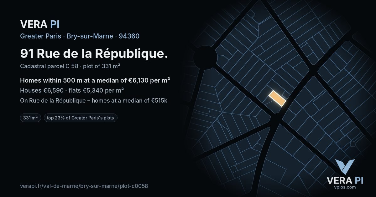 91 Rue de la République, Bry-sur-Marne at night – the plot lit, the parcels around coloured by the prices near them
