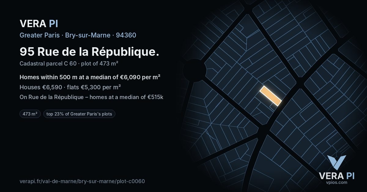 95 Rue de la République, Bry-sur-Marne at night – the plot lit, the parcels around coloured by the prices near them