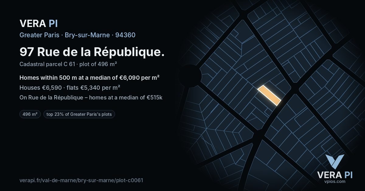 97 Rue de la République, Bry-sur-Marne at night – the plot lit, the parcels around coloured by the prices near them