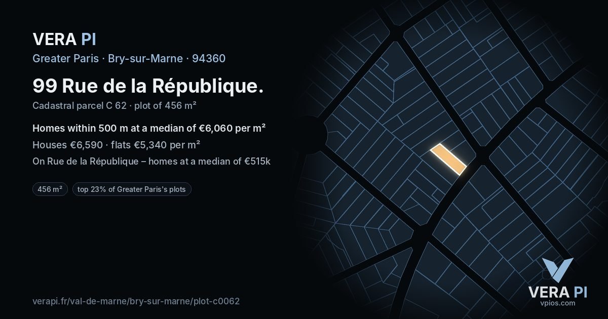 99 Rue de la République, Bry-sur-Marne at night – the plot lit, the parcels around coloured by the prices near them