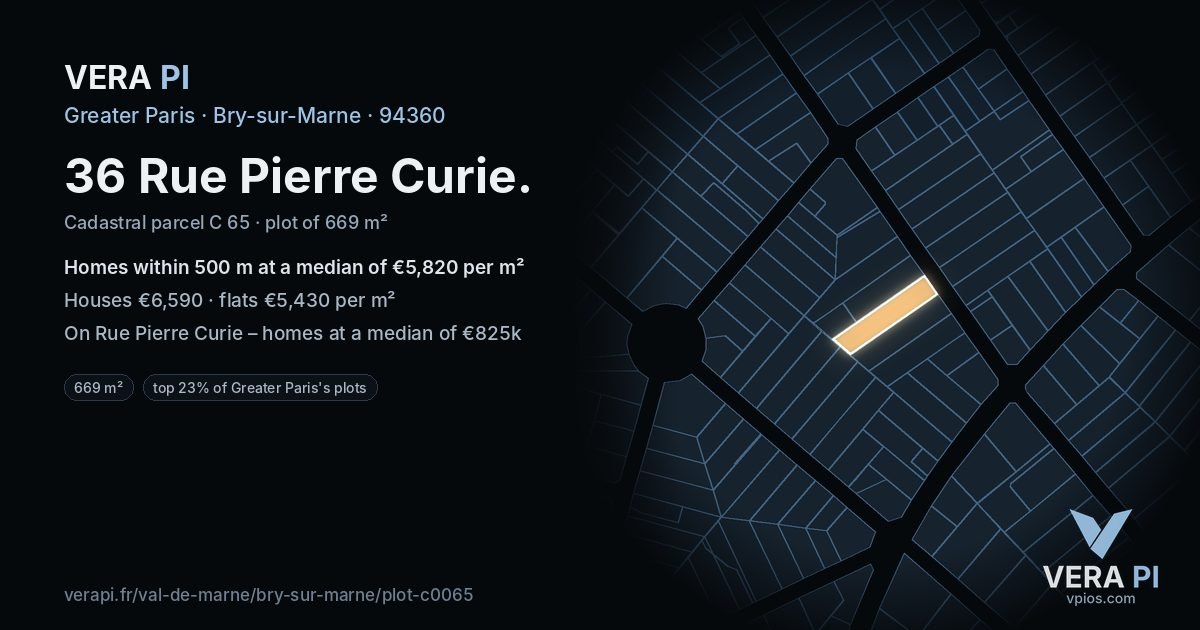 36 Rue Pierre Curie, Bry-sur-Marne at night – the plot lit, the parcels around coloured by the prices near them