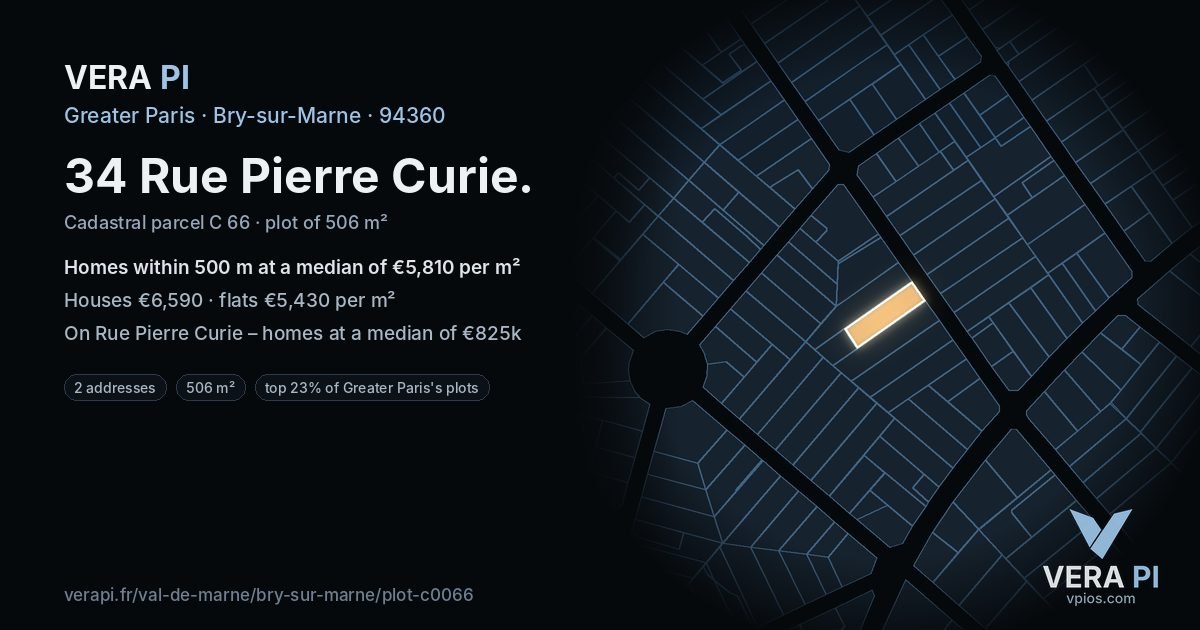 34 Rue Pierre Curie, Bry-sur-Marne at night – the plot lit, the parcels around coloured by the prices near them