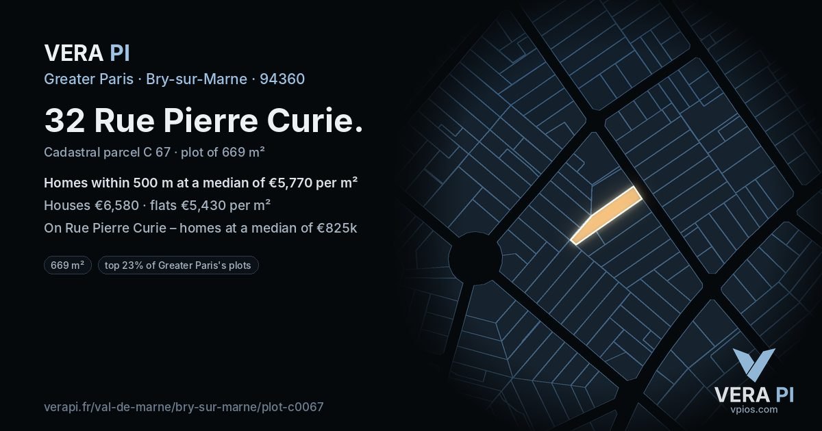 32 Rue Pierre Curie, Bry-sur-Marne at night – the plot lit, the parcels around coloured by the prices near them