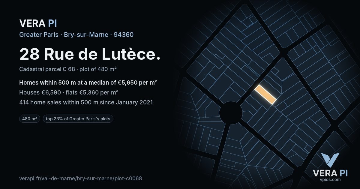 28 Rue de Lutèce, Bry-sur-Marne at night – the plot lit, the parcels around coloured by the prices near them