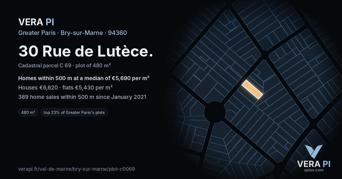 30 Rue de Lutèce, Bry-sur-Marne at night – the plot lit, the parcels around coloured by the prices near them