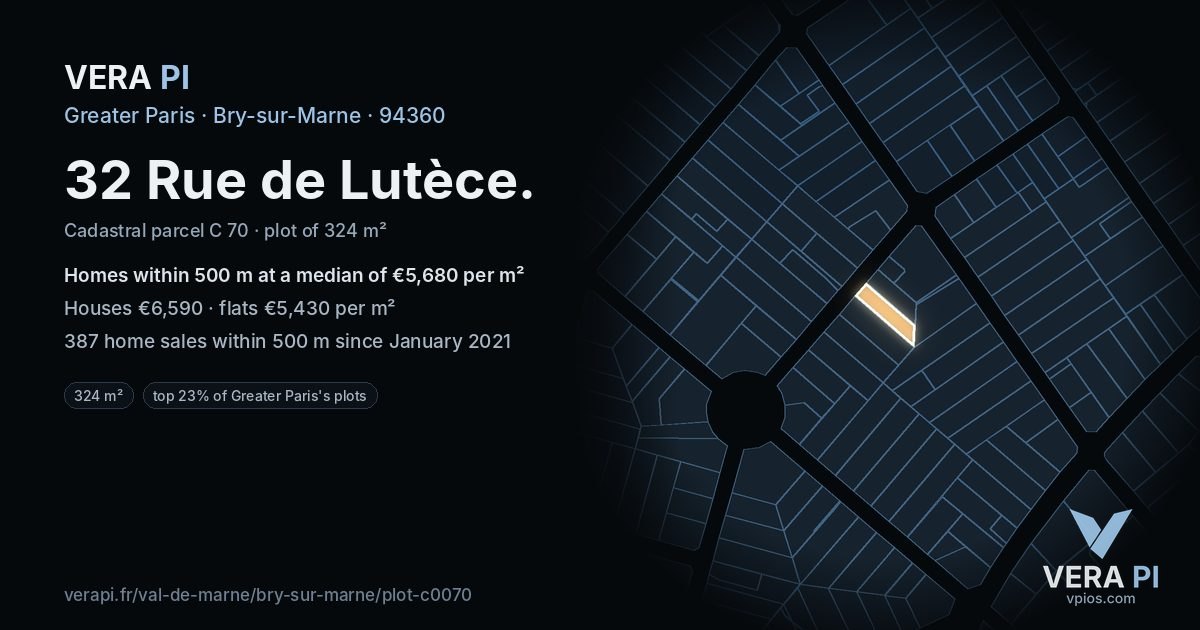 32 Rue de Lutèce, Bry-sur-Marne at night – the plot lit, the parcels around coloured by the prices near them