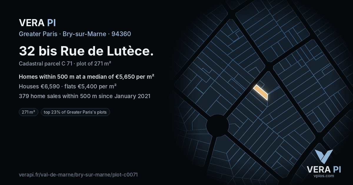 32 bis Rue de Lutèce, Bry-sur-Marne at night – the plot lit, the parcels around coloured by the prices near them