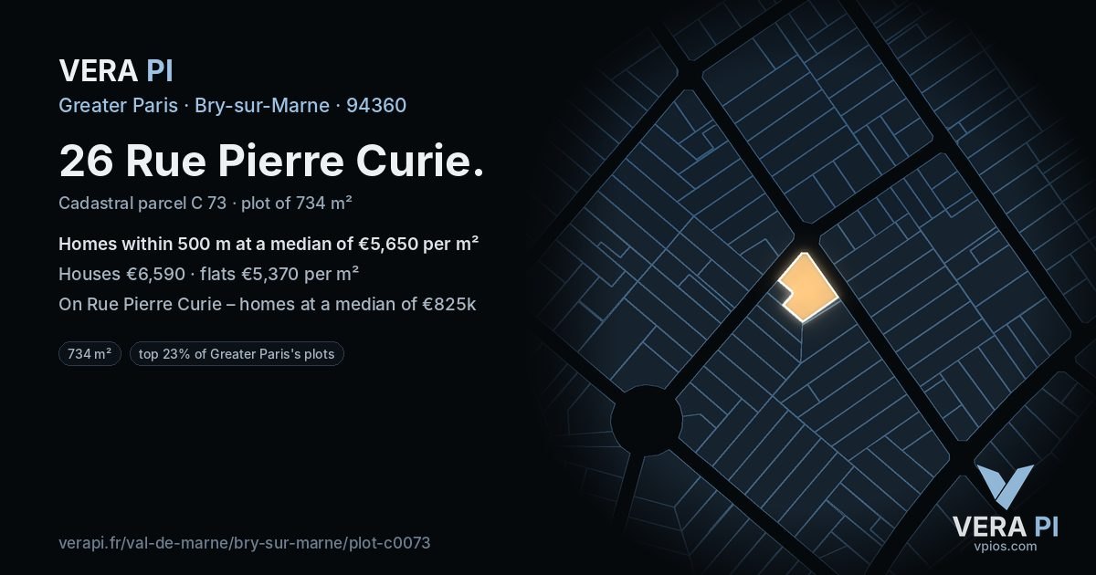 26 Rue Pierre Curie, Bry-sur-Marne at night – the plot lit, the parcels around coloured by the prices near them