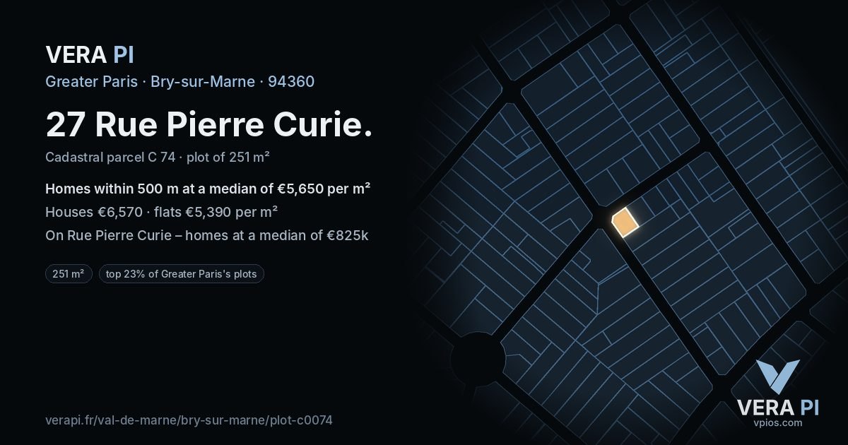 27 Rue Pierre Curie, Bry-sur-Marne at night – the plot lit, the parcels around coloured by the prices near them
