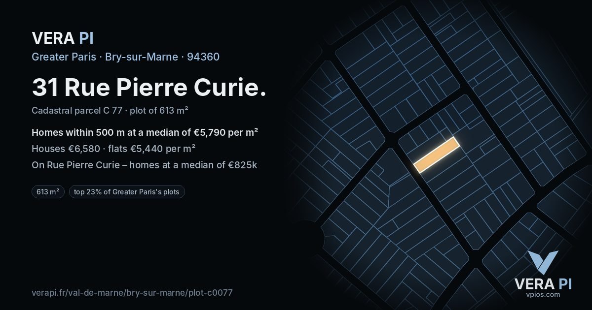 31 Rue Pierre Curie, Bry-sur-Marne at night – the plot lit, the parcels around coloured by the prices near them