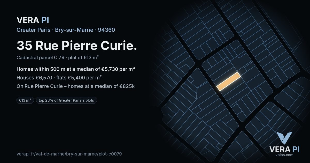 35 Rue Pierre Curie, Bry-sur-Marne at night – the plot lit, the parcels around coloured by the prices near them