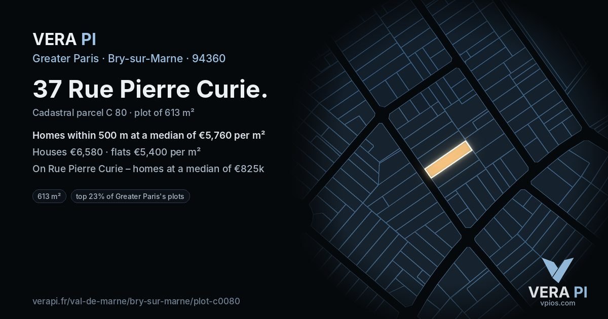 37 Rue Pierre Curie, Bry-sur-Marne at night – the plot lit, the parcels around coloured by the prices near them