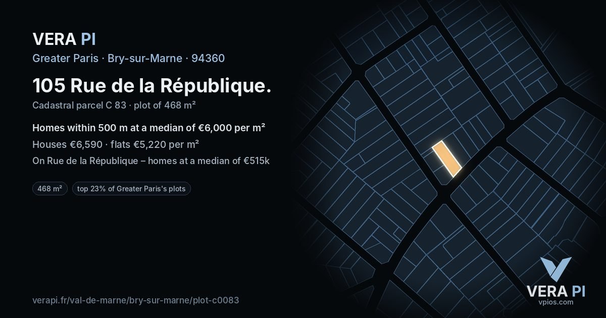 105 Rue de la République, Bry-sur-Marne at night – the plot lit, the parcels around coloured by the prices near them