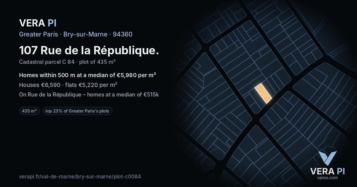 107 Rue de la République, Bry-sur-Marne at night – the plot lit, the parcels around coloured by the prices near them