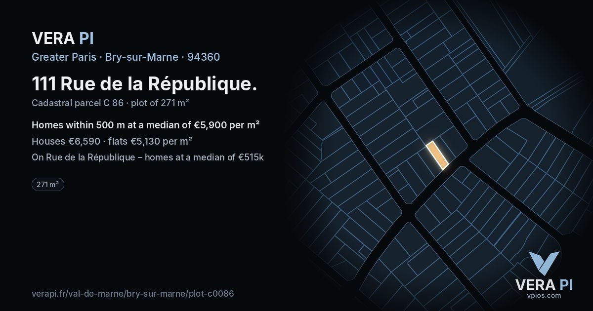 111 Rue de la République, Bry-sur-Marne at night – the plot lit, the parcels around coloured by the prices near them