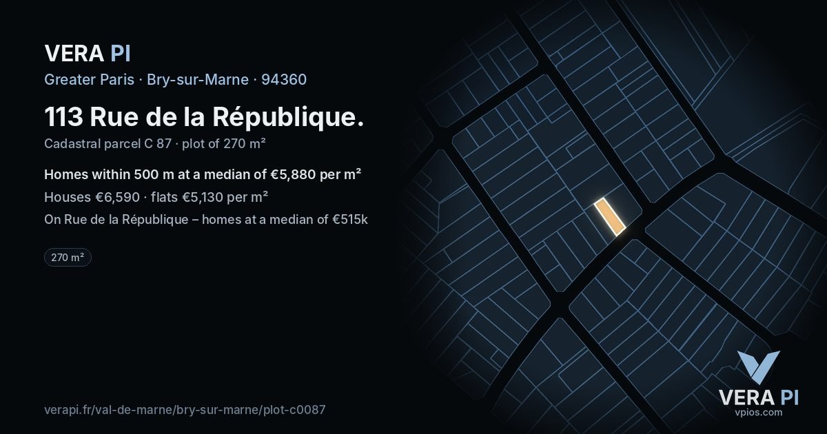 113 Rue de la République, Bry-sur-Marne at night – the plot lit, the parcels around coloured by the prices near them