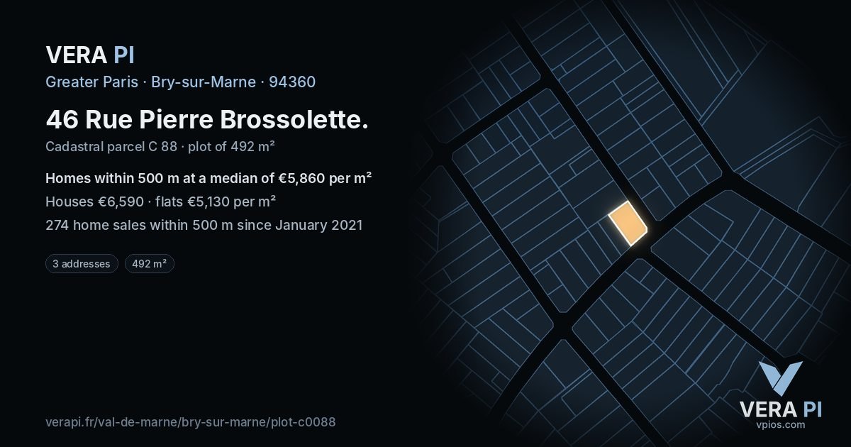46 Rue Pierre Brossolette, Bry-sur-Marne at night – the plot lit, the parcels around coloured by the prices near them