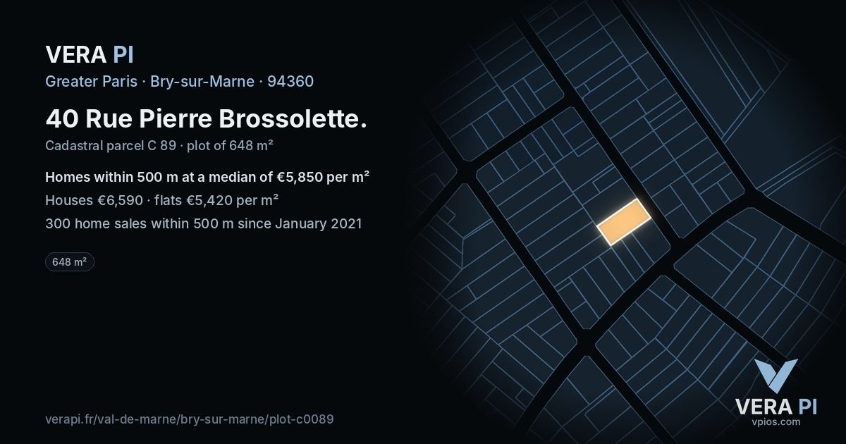 40 Rue Pierre Brossolette, Bry-sur-Marne at night – the plot lit, the parcels around coloured by the prices near them