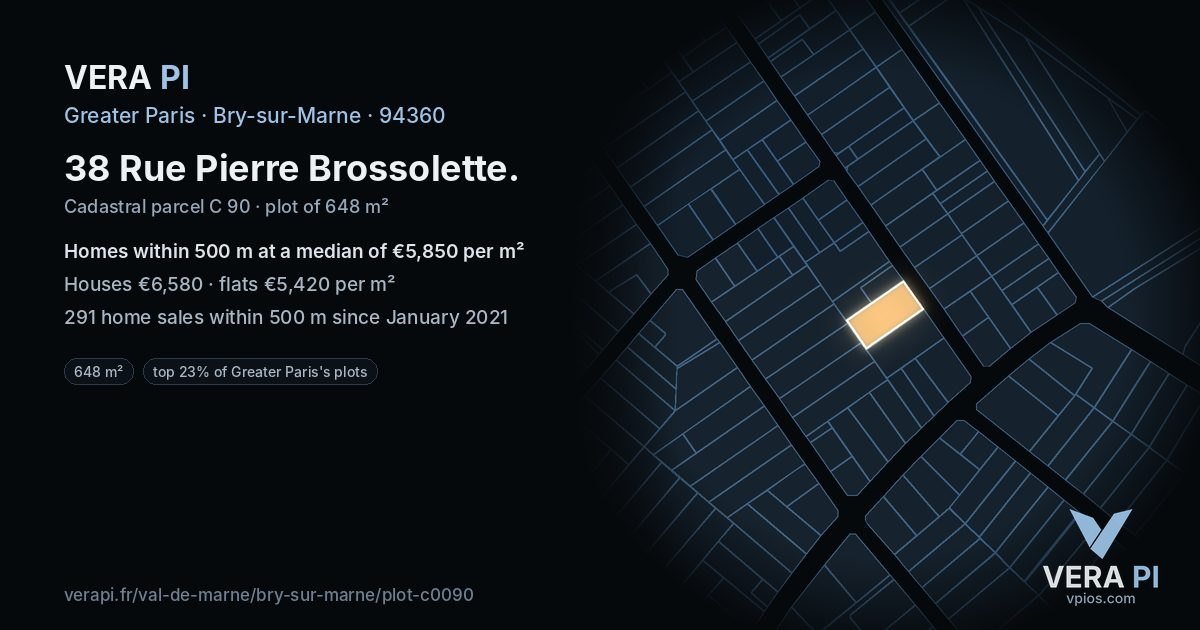 38 Rue Pierre Brossolette, Bry-sur-Marne at night – the plot lit, the parcels around coloured by the prices near them