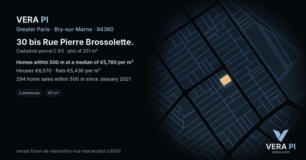 30 bis Rue Pierre Brossolette, Bry-sur-Marne at night – the plot lit, the parcels around coloured by the prices near them