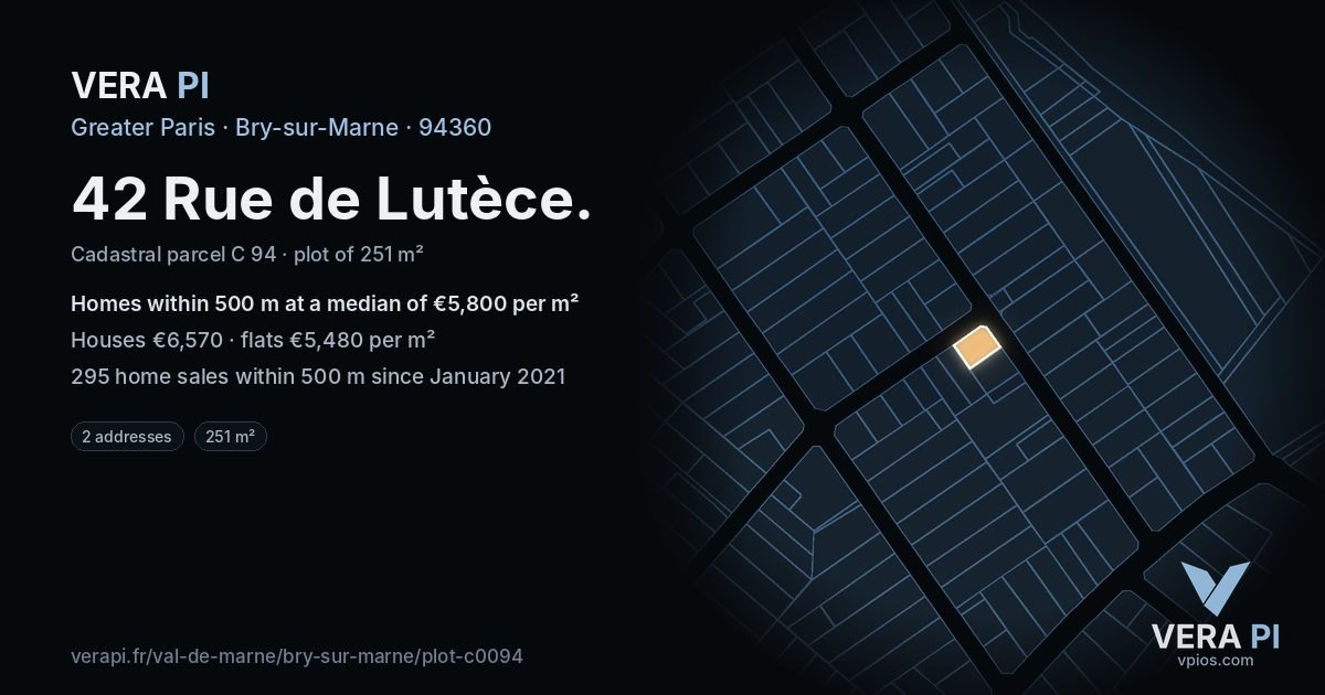 42 Rue de Lutèce, Bry-sur-Marne at night – the plot lit, the parcels around coloured by the prices near them
