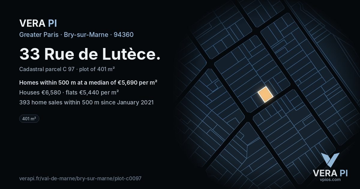 33 Rue de Lutèce, Bry-sur-Marne at night – the plot lit, the parcels around coloured by the prices near them
