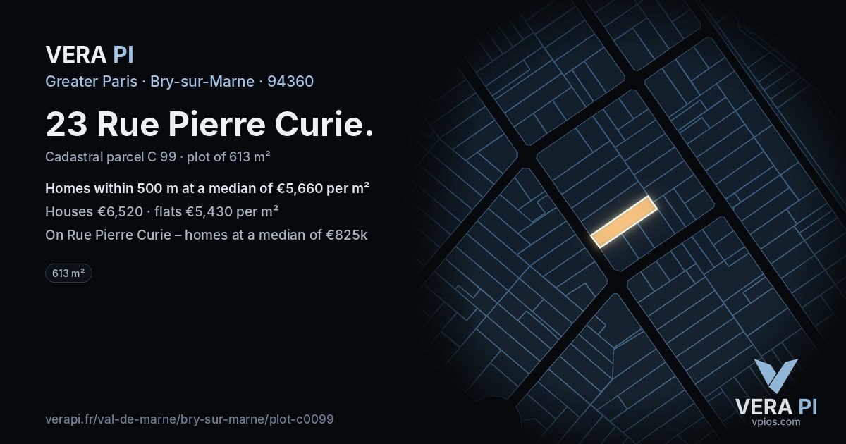 23 Rue Pierre Curie, Bry-sur-Marne at night – the plot lit, the parcels around coloured by the prices near them