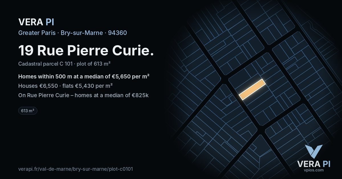 19 Rue Pierre Curie, Bry-sur-Marne at night – the plot lit, the parcels around coloured by the prices near them