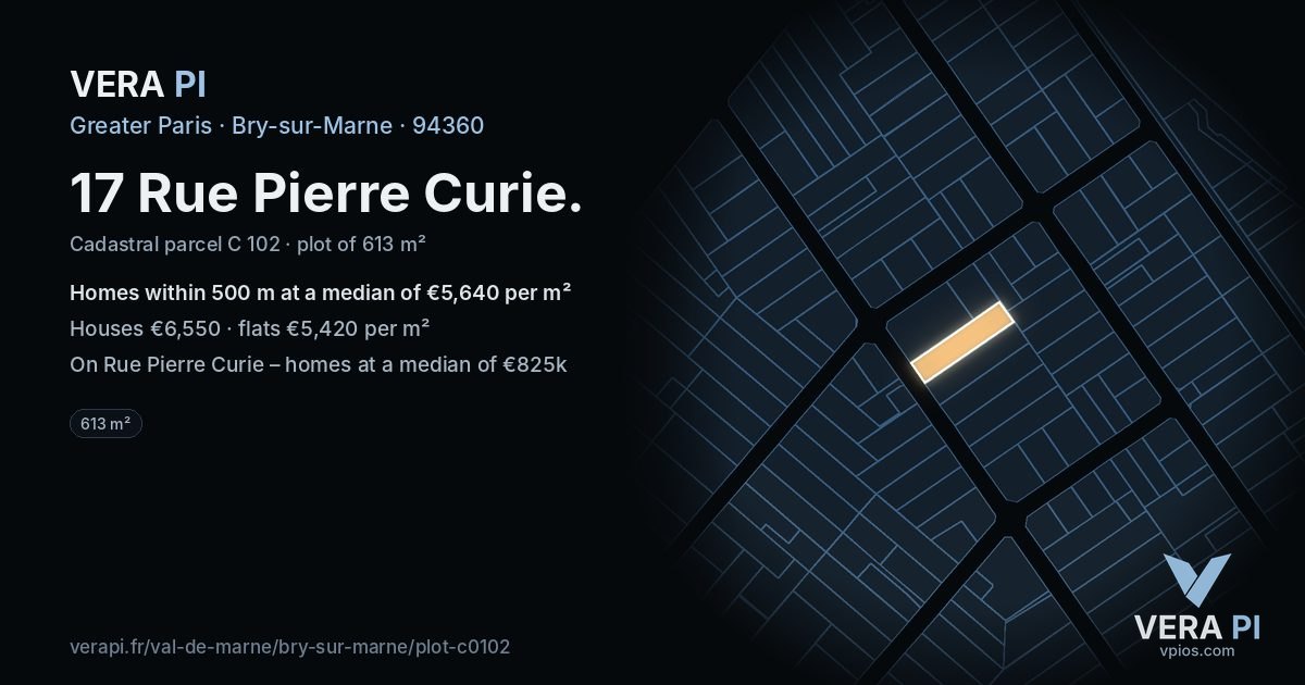 17 Rue Pierre Curie, Bry-sur-Marne at night – the plot lit, the parcels around coloured by the prices near them