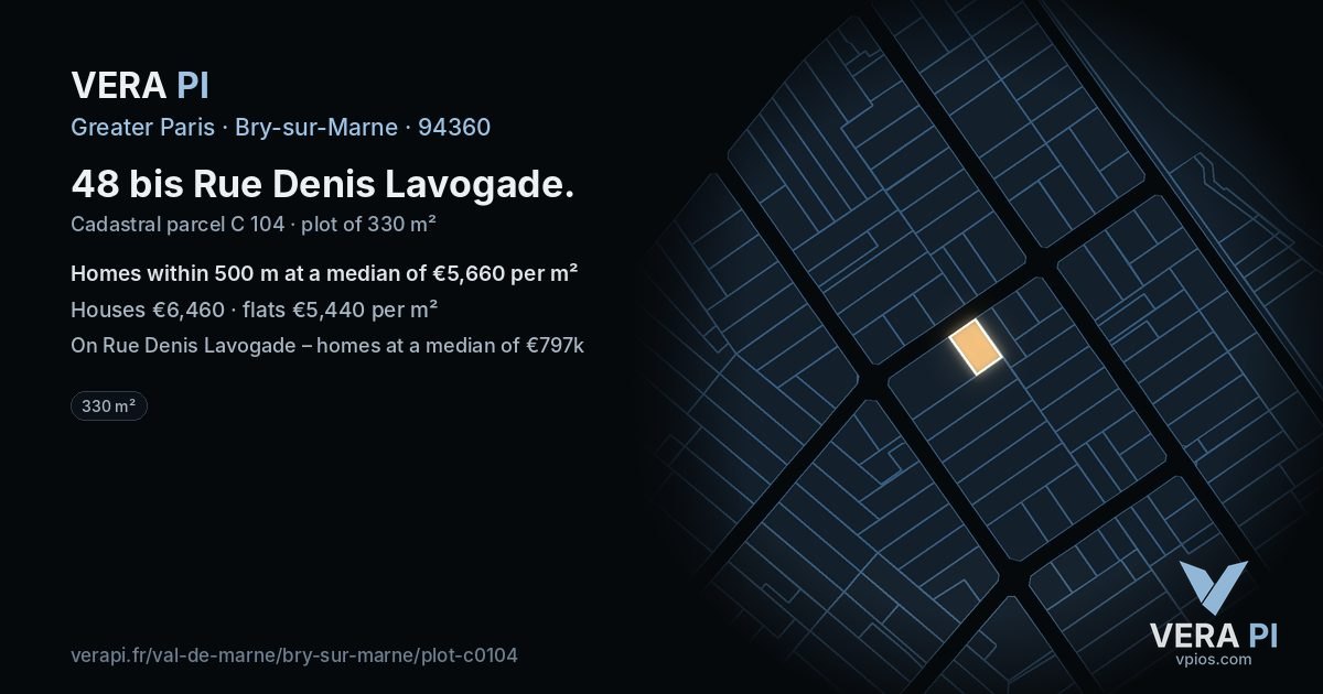 48 bis Rue Denis Lavogade, Bry-sur-Marne at night – the plot lit, the parcels around coloured by the prices near them