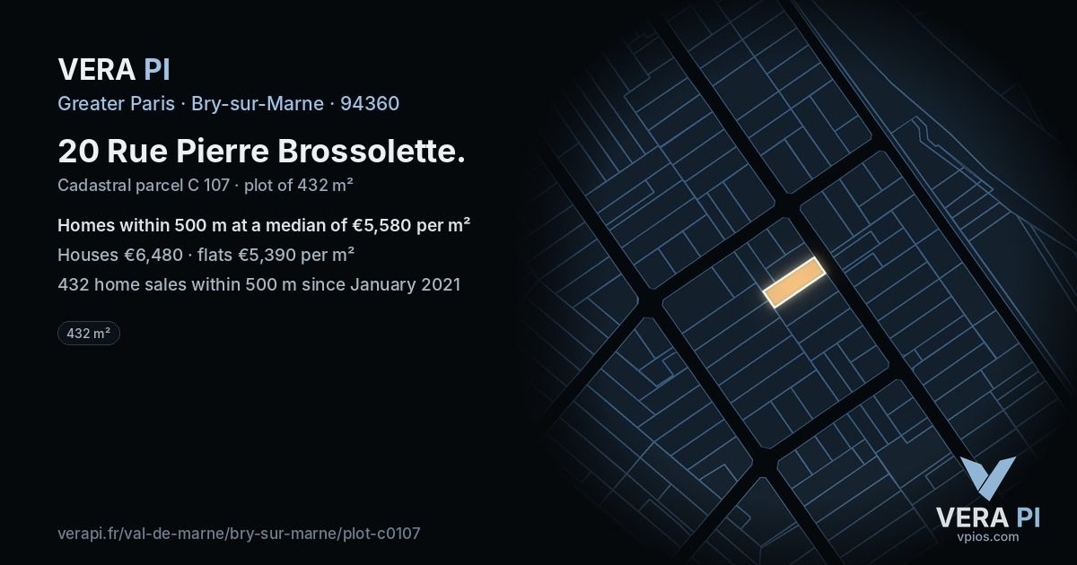 20 Rue Pierre Brossolette, Bry-sur-Marne at night – the plot lit, the parcels around coloured by the prices near them