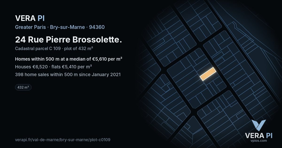 24 Rue Pierre Brossolette, Bry-sur-Marne at night – the plot lit, the parcels around coloured by the prices near them
