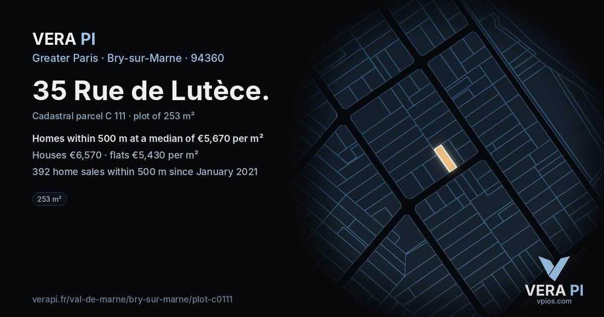 35 Rue de Lutèce, Bry-sur-Marne at night – the plot lit, the parcels around coloured by the prices near them
