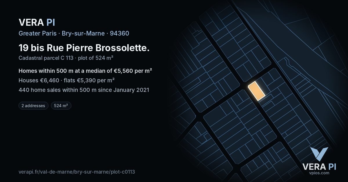 19 bis Rue Pierre Brossolette, Bry-sur-Marne at night – the plot lit, the parcels around coloured by the prices near them
