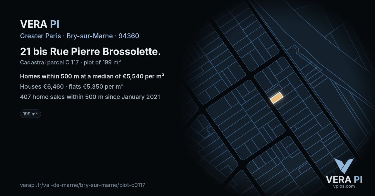 21 bis Rue Pierre Brossolette, Bry-sur-Marne at night – the plot lit, the parcels around coloured by the prices near them